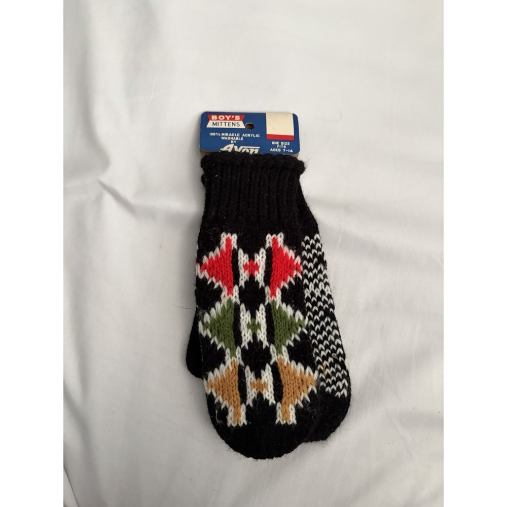 Avon Boys Mittens Black Geometric Pattern Acrylic One‎ Size Ages 7-14